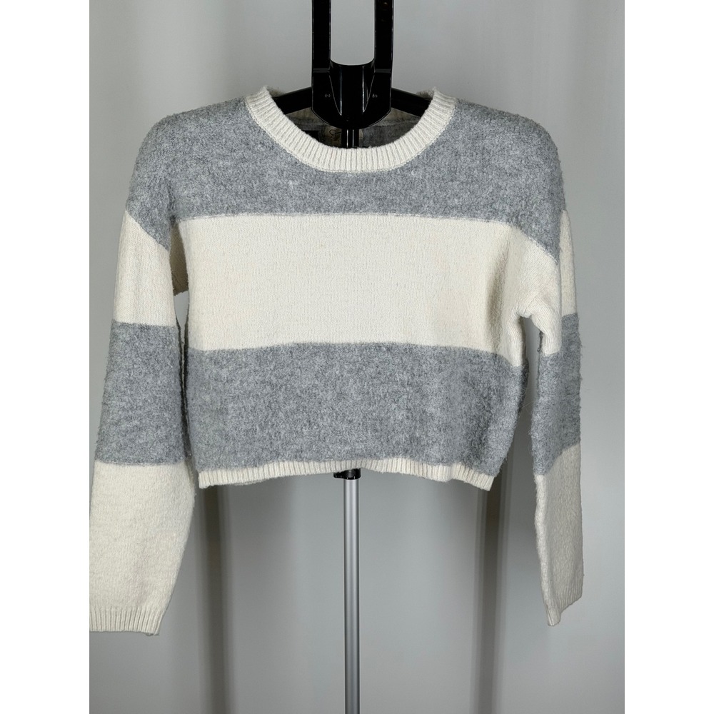 Jessica Simpson Womens Grey Cream Striped Cropped Crewneck Sweater Size S
